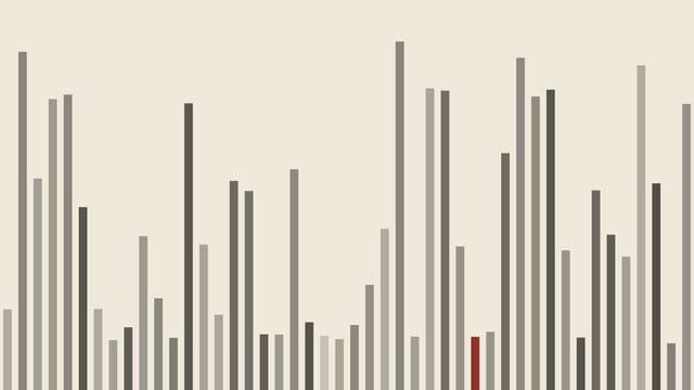 Bars of varying height in a row, one of them red.